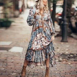 Morpheme Long Sleeve Fall Vibes Maxi Dress In All Over Print